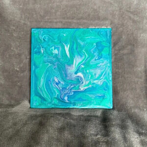 Teal, Blue, White and Green Paint Pour - 8”x8” canvas board